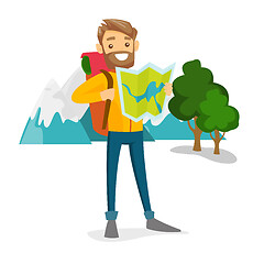 Image showing Caucasian traveler with backpack looking at map.