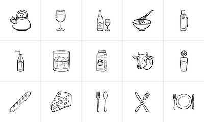 Image showing Food and drink hand drawn sketch icon set.