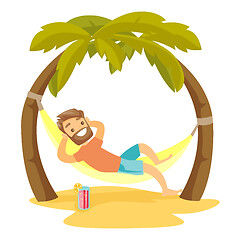 Image showing Caucasian white man lying in hammock on the beach.