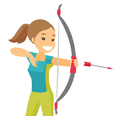 Image showing Caucasian white sportswoman holding bow and arrow.