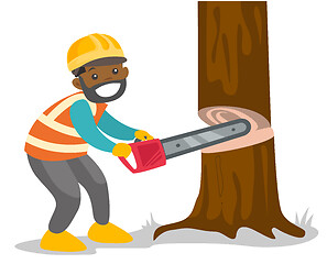 Image showing African-american woodcutter working with chainsaw