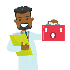 Image showing African-american doctor holding a first aid box.