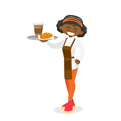 Image showing Waitress holding tray with coffee and croissant.