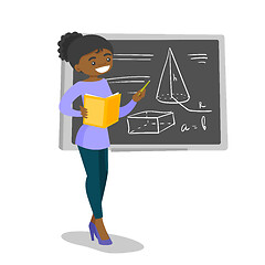 Image showing African teacher standing in front of blackboard.