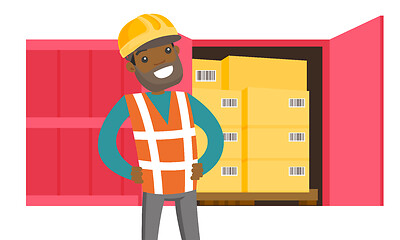 Image showing African worker and cargo container with boxes.