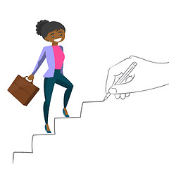 Image showing Young business woman climbing the career ladder.