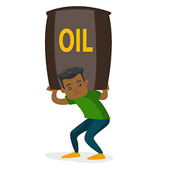 Image showing Young african-american man carrying oil barrel.