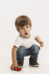 Image showing Portrait of happy little boy over white background