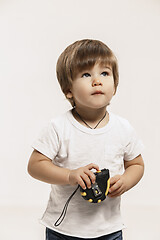 Image showing Portrait of happy little boy over white background