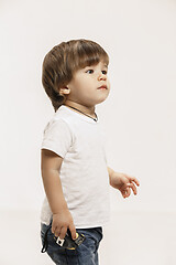 Image showing Portrait of happy little boy over white background