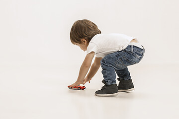 Image showing Portrait of happy little boy over white background