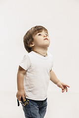 Image showing Portrait of happy little boy over white background