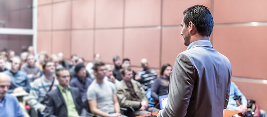 Image showing Public speaker giving talk at business event.