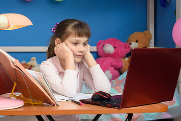 Image showing brooding girl sits in front of a laptop with her hands in her head in the children\'s room