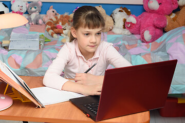 Image showing nine-year-old girl sits before a laptop and does her homework