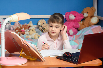 Image showing Girl studies at home in front of laptop