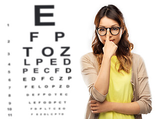 Image showing woman in glasses or student over eye test chart