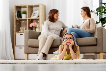 Image showing student girl with notebook and dreaming at home