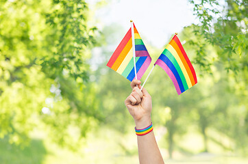 Image showing hand with gay pride rainbow flags and wristband