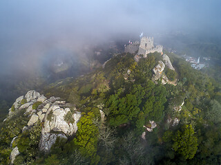 Image showing Moorish Castle in fog Portugal