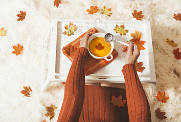 Image showing Spiced pumpkin soup in the fall