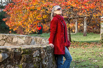 Image showing Woman rests against rustic stone fence among autumn trees