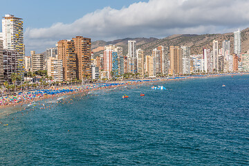 Image showing Aerial view of Benidorm city on Costa Blanca in Spain with skyscrapers