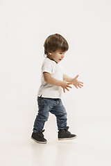 Image showing Portrait of happy little boy over white background