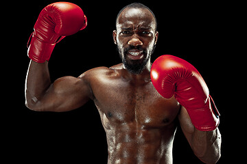 Image showing Hand of boxer over black background. Strength, attack and motion concept