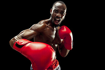 Image showing Hand of boxer over black background. Strength, attack and motion concept