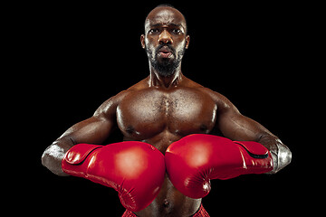 Image showing Hand of boxer over black background. Strength, attack and motion concept