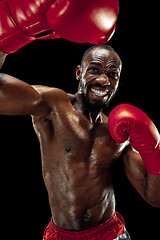 Image showing Hand of boxer over black background. Strength, attack and motion concept