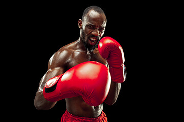 Image showing Hand of boxer over black background. Strength, attack and motion concept