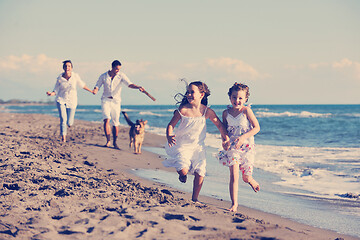 Image showing happy family playing with dog on beach