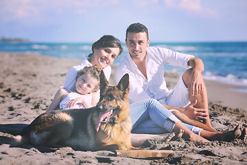 Image showing happy family playing with dog on beach