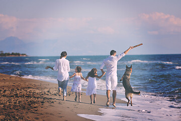 Image showing happy family playing with dog on beach