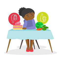 Image showing Young woman choosing between vegetables and cake.