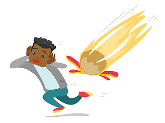 Image showing Young african man running from falling meteorite.