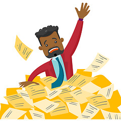 Image showing Stressed businessman sinking in the heap of papers