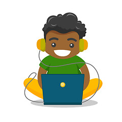 Image showing African-american fat boy sitting with laptop.