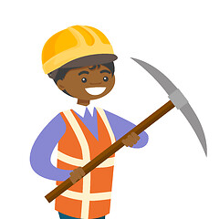 Image showing African-american miner in hard hat holding pickaxe