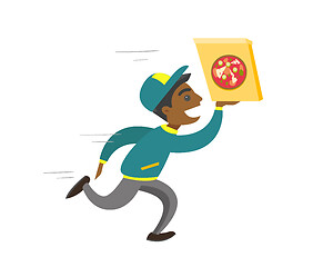 Image showing Young african-american man running with pizza.