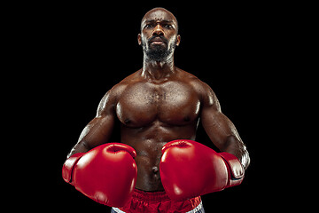 Image showing Hand of boxer over black background. Strength, attack and motion concept