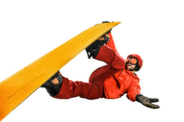 Image showing Portrait of young man in sportswear with snowboard isolated on a white background.