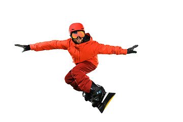 Image showing Portrait of young man in sportswear with snowboard isolated on a white background.