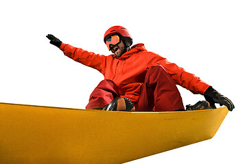 Image showing Portrait of young man in sportswear with snowboard isolated on a white background.