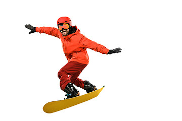 Image showing Portrait of young man in sportswear with snowboard isolated on a white background.