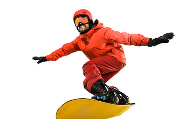 Image showing Portrait of young man in sportswear with snowboard isolated on a white background.