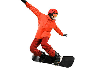 Image showing Portrait of young man in sportswear with snowboard isolated on a white background.