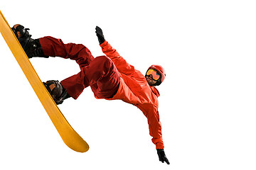 Image showing Portrait of young man in sportswear with snowboard isolated on a white background.